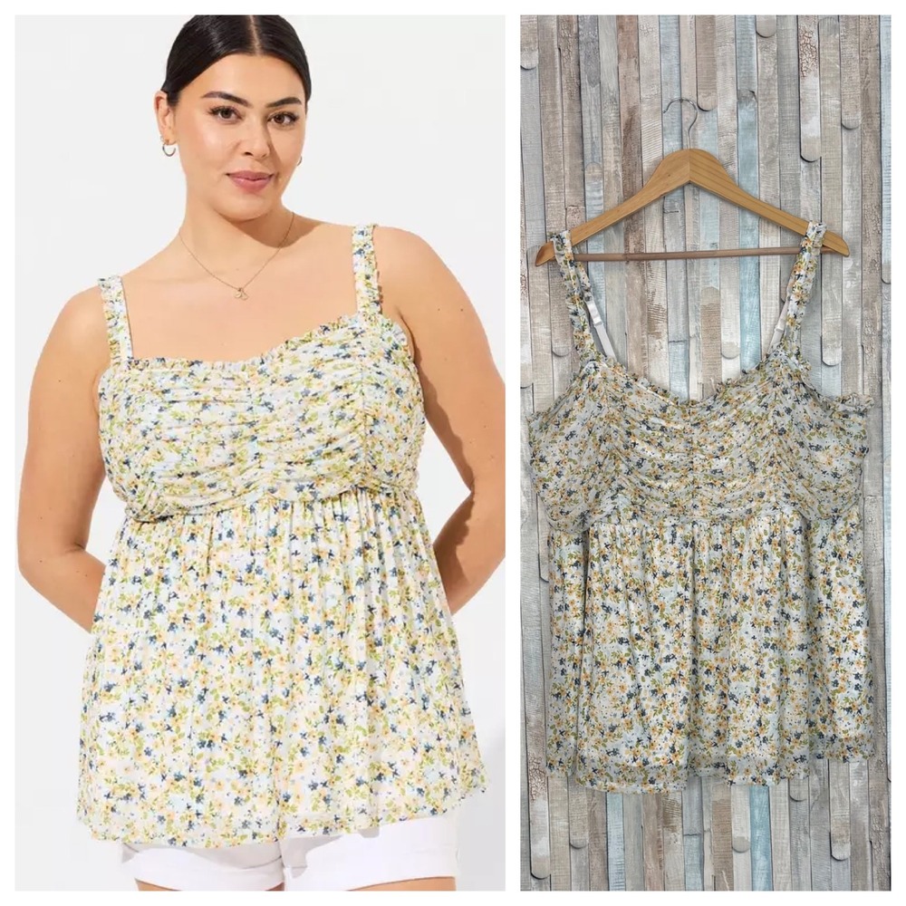 Torrid‎ Babydoll Stretch Mesh Shirred Bodice Tank Top Ditsy Floral Print 3 3X